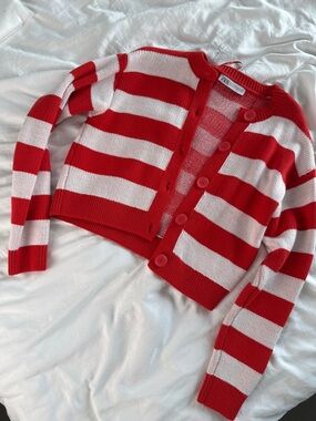 Zara orangey Red and White Striped Button-Down Cardigan